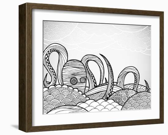 Line Art Octopus in Textured Waves.-artplay-Framed Art Print