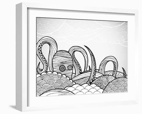 Line Art Octopus in Textured Waves.-artplay-Framed Art Print