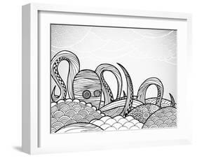 Line Art Octopus in Textured Waves.-artplay-Framed Art Print