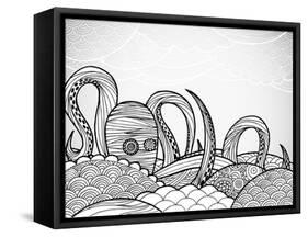 Line Art Octopus in Textured Waves.-artplay-Framed Stretched Canvas