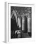 Line of 500 lbs Bombs Jiggling Along on Overhead Conveyor Hooks Abover Worker-Andreas Feininger-Framed Photographic Print