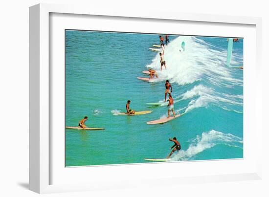 Line of Long Board Surfers-null-Framed Art Print