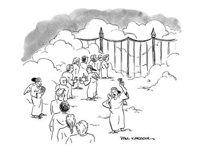 'Line of people waiting at gates of Heaven as angel scalpers try to