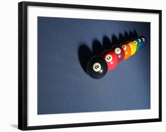 Line of Pool Balls on Blue Felt-null-Framed Photographic Print