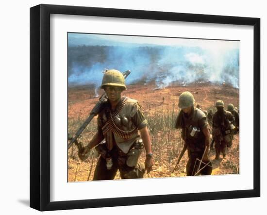 Line of Soldiers Marching Up Hill with Smoky Fires in Background, During Route 9 Offensive-Larry Burrows-Framed Photographic Print