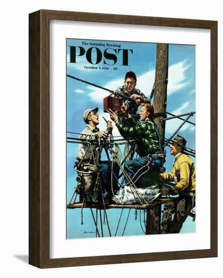 "Linemen Listen to World Series" Saturday Evening Post Cover, October 4, 1952-Stevan Dohanos-Framed Premium Giclee Print