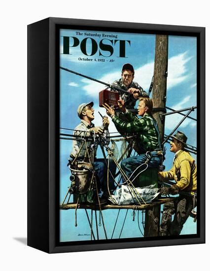 "Linemen Listen to World Series" Saturday Evening Post Cover, October 4, 1952-Stevan Dohanos-Framed Stretched Canvas
