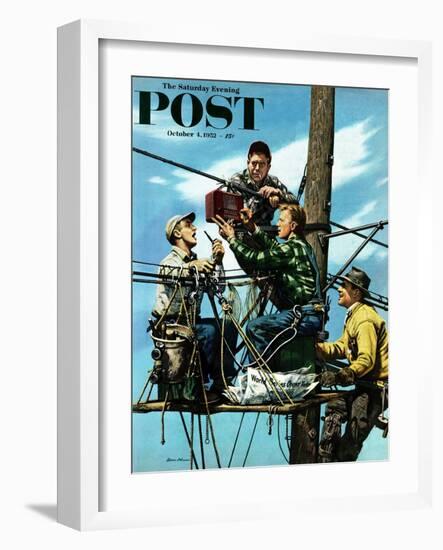 "Linemen Listen to World Series" Saturday Evening Post Cover, October 4, 1952-Stevan Dohanos-Framed Giclee Print