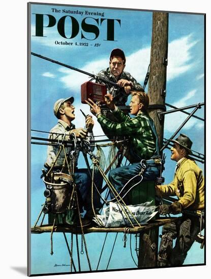 "Linemen Listen to World Series" Saturday Evening Post Cover, October 4, 1952-Stevan Dohanos-Mounted Giclee Print