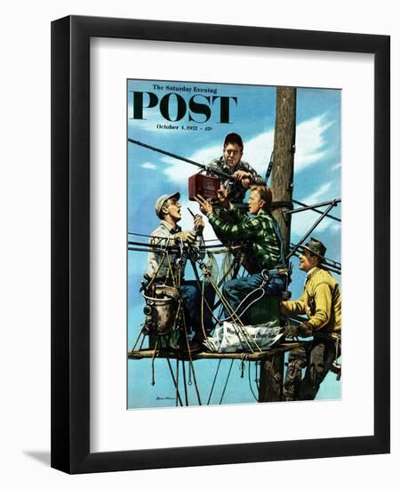 "Linemen Listen to World Series" Saturday Evening Post Cover, October 4, 1952-Stevan Dohanos-Framed Premium Giclee Print