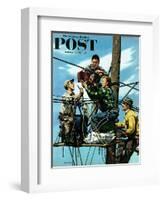 "Linemen Listen to World Series" Saturday Evening Post Cover, October 4, 1952-Stevan Dohanos-Framed Giclee Print