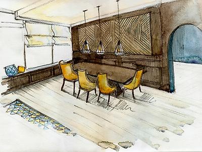 Hand Drawn Interior of the Hall with Furniture, Table, Chairs, Lamps ...