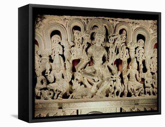 Lintel Featuring Hindu Trinity, from Waranal, Andhra Pradesh, Kakatiya Dynasty (Stone)-Indian-Framed Stretched Canvas