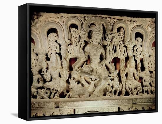 Lintel Featuring Hindu Trinity, from Waranal, Andhra Pradesh, Kakatiya Dynasty (Stone)-Indian-Framed Stretched Canvas