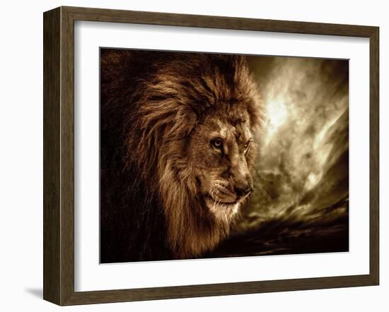 Lion Against Stormy Sky-NejroN Photo-Framed Photographic Print