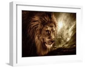 Lion Against Stormy Sky-NejroN Photo-Framed Photographic Print