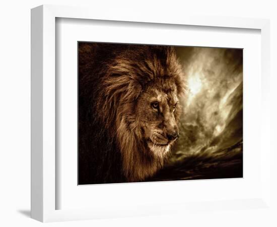 Lion Against Stormy Sky-NejroN Photo-Framed Photographic Print