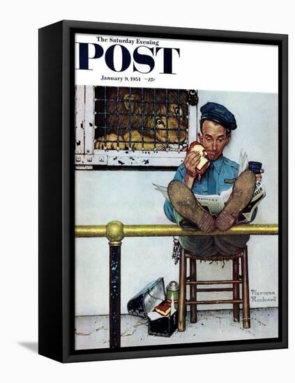 "Lion and His Keeper" Saturday Evening Post Cover, January 9,1954-Norman Rockwell-Framed Stretched Canvas