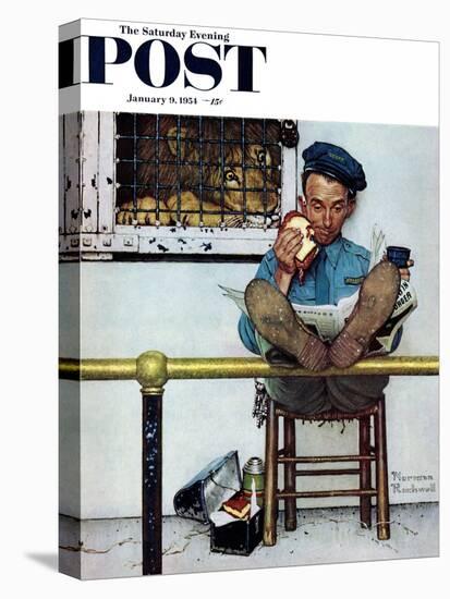 "Lion and His Keeper" Saturday Evening Post Cover, January 9,1954-Norman Rockwell-Stretched Canvas