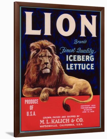 Lion Lettuce Label - Watsonville, CA-Lantern Press-Framed Art Print