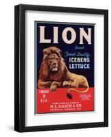 Lion Lettuce Label - Watsonville, CA-Lantern Press-Framed Art Print