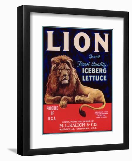 Lion Lettuce Label - Watsonville, CA-Lantern Press-Framed Art Print