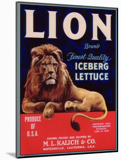 Lion Lettuce Label - Watsonville, CA-Lantern Press-Mounted Art Print