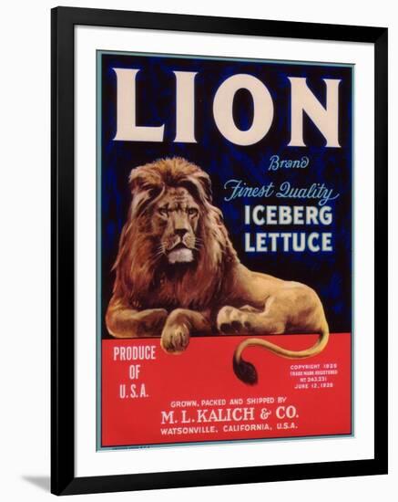 Lion Lettuce Label - Watsonville, CA-Lantern Press-Framed Art Print