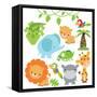 Lion Lioness Elephant Parrot Palm Tree Cute Animal Jungle Animal-Svetlana Peskin-Framed Stretched Canvas