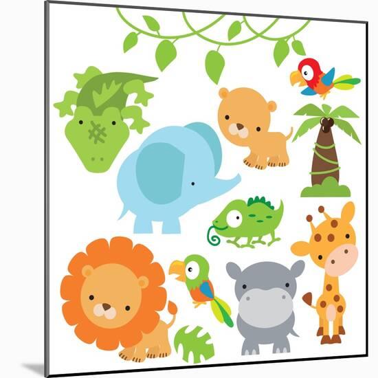 Lion Lioness Elephant Parrot Palm Tree Cute Animal Jungle Animal-Svetlana Peskin-Mounted Art Print