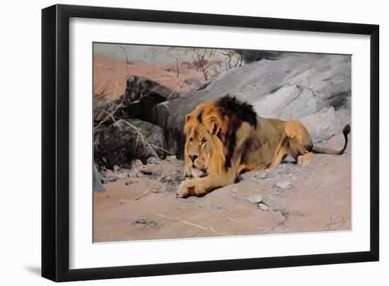 Lion Reclining in a Rocky Landscape-Wilhelm Kuhnert-Framed Giclee Print