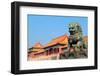 Lion Statue and Historical Architecture in Forbidden City in Beijing, China.-Songquan Deng-Framed Photographic Print