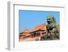 Lion Statue and Historical Architecture in Forbidden City in Beijing, China.-Songquan Deng-Framed Photographic Print