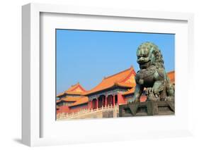Lion Statue and Historical Architecture in Forbidden City in Beijing, China.-Songquan Deng-Framed Photographic Print