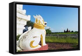 Lion Statue and Temple on Bagan Plain, Bagan (Pagan), Myanmar (Burma), Asia-Christian Kober-Framed Stretched Canvas