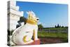 Lion Statue and Temple on Bagan Plain, Bagan (Pagan), Myanmar (Burma), Asia-Christian Kober-Stretched Canvas