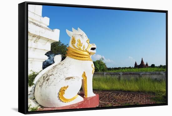 Lion Statue and Temple on Bagan Plain, Bagan (Pagan), Myanmar (Burma), Asia-Christian Kober-Framed Stretched Canvas