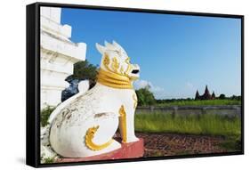 Lion Statue and Temple on Bagan Plain, Bagan (Pagan), Myanmar (Burma), Asia-Christian Kober-Framed Stretched Canvas