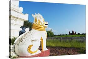 Lion Statue and Temple on Bagan Plain, Bagan (Pagan), Myanmar (Burma), Asia-Christian Kober-Stretched Canvas