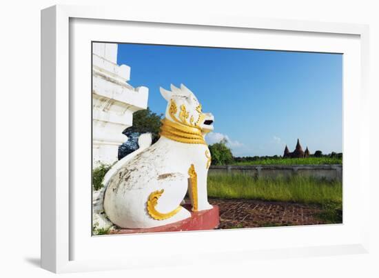 Lion Statue and Temple on Bagan Plain, Bagan (Pagan), Myanmar (Burma), Asia-Christian Kober-Framed Photographic Print