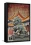 Lion Statue Standing Guard Forbidden City, Beijing, China-Darrell Gulin-Framed Stretched Canvas