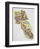 Lioness (Panthera Leo) with Her Cubs, Felidae-null-Framed Premium Giclee Print