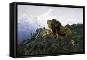 Lions at Dusk-Wilhelm Kuhnert-Framed Stretched Canvas