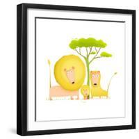 Lions Family Portrait Funny Cartoon. Brightly Colored Animals Parents and Baby. Vector Illustration-Popmarleo-Framed Art Print