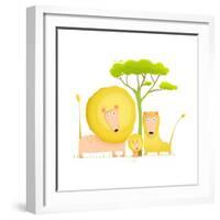 Lions Family Portrait Funny Cartoon. Brightly Colored Animals Parents and Baby. Vector Illustration-Popmarleo-Framed Art Print