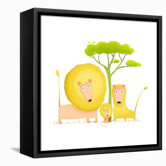 Lions Family Portrait Funny Cartoon. Brightly Colored Animals Parents and Baby. Vector Illustration-Popmarleo-Framed Stretched Canvas