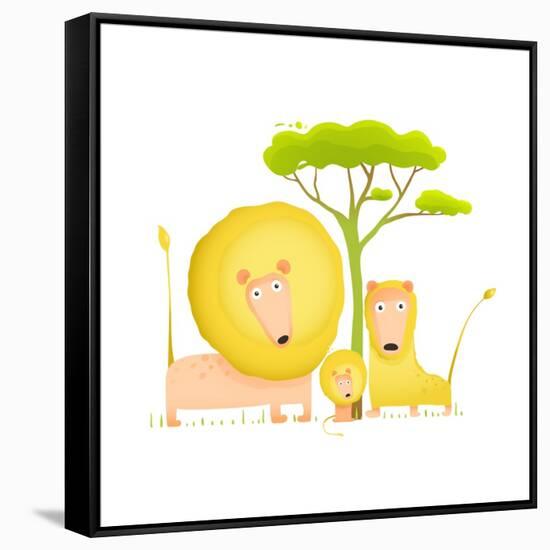 Lions Family Portrait Funny Cartoon. Brightly Colored Animals Parents and Baby. Vector Illustration-Popmarleo-Framed Stretched Canvas