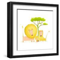 Lions Family Portrait Funny Cartoon. Brightly Colored Animals Parents and Baby. Vector Illustration-Popmarleo-Framed Art Print