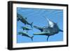 Liopleurodon Reptile Hunting Ichthyosaurus Dinosaurs in Jurassic Seas-null-Framed Premium Giclee Print