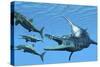 Liopleurodon Reptile Hunting Ichthyosaurus Dinosaurs in Jurassic Seas-null-Stretched Canvas